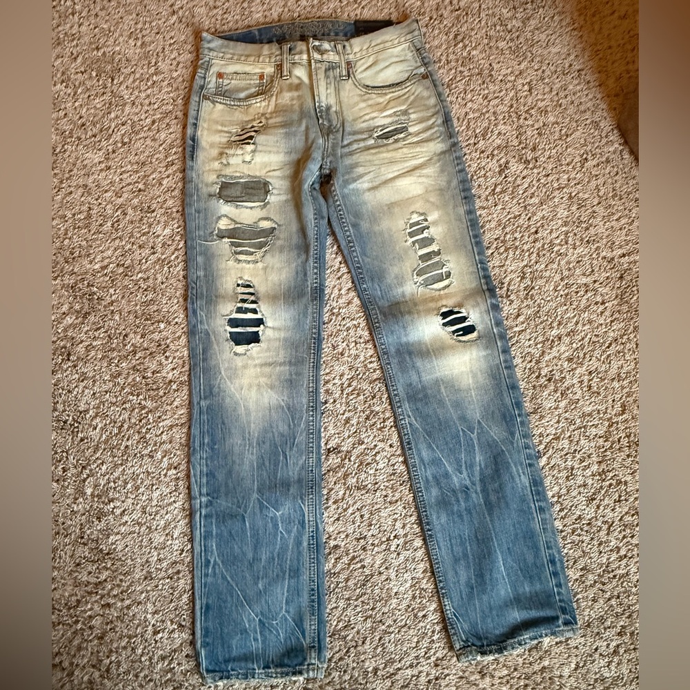 American Eagle Outfitters Distressed Blue and Tan Jeans